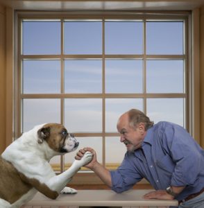 Caucasian man arm wrestling with dog